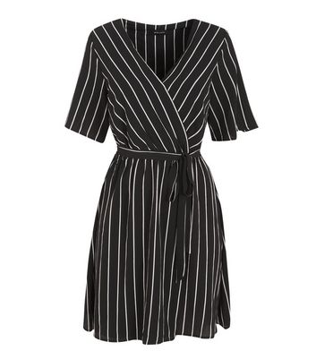 Black Stripe Short Sleeve Wrap Dress ...